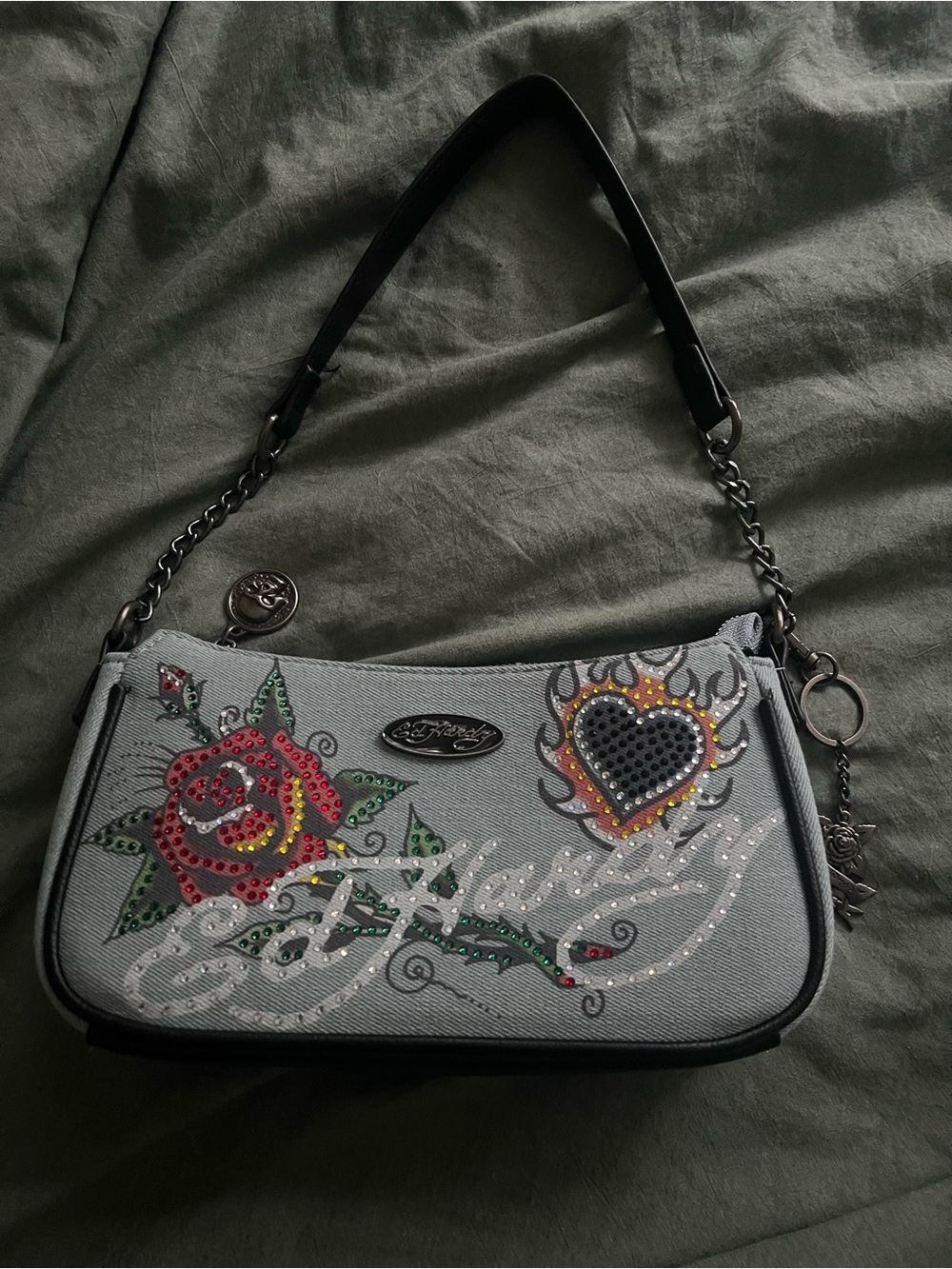 Ed Hardy Light Blue Jean Shoulder purse with Rose & Rhinestone Design.